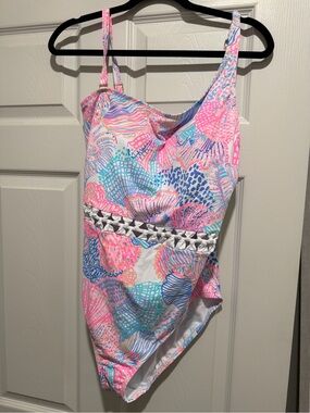 Women's One-Piece Swimsuit in Pink & Blue Shell Print